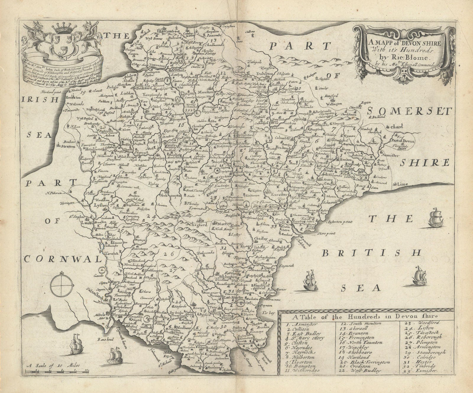 A Mapp of Devon Shire with its Hundreds by Richard Blome 1673 old antique